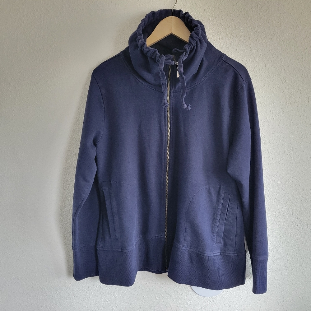 Eddie Bauer Navy Blue Mock Neck Tie Full Zip Thick Sweater Womens Size XL